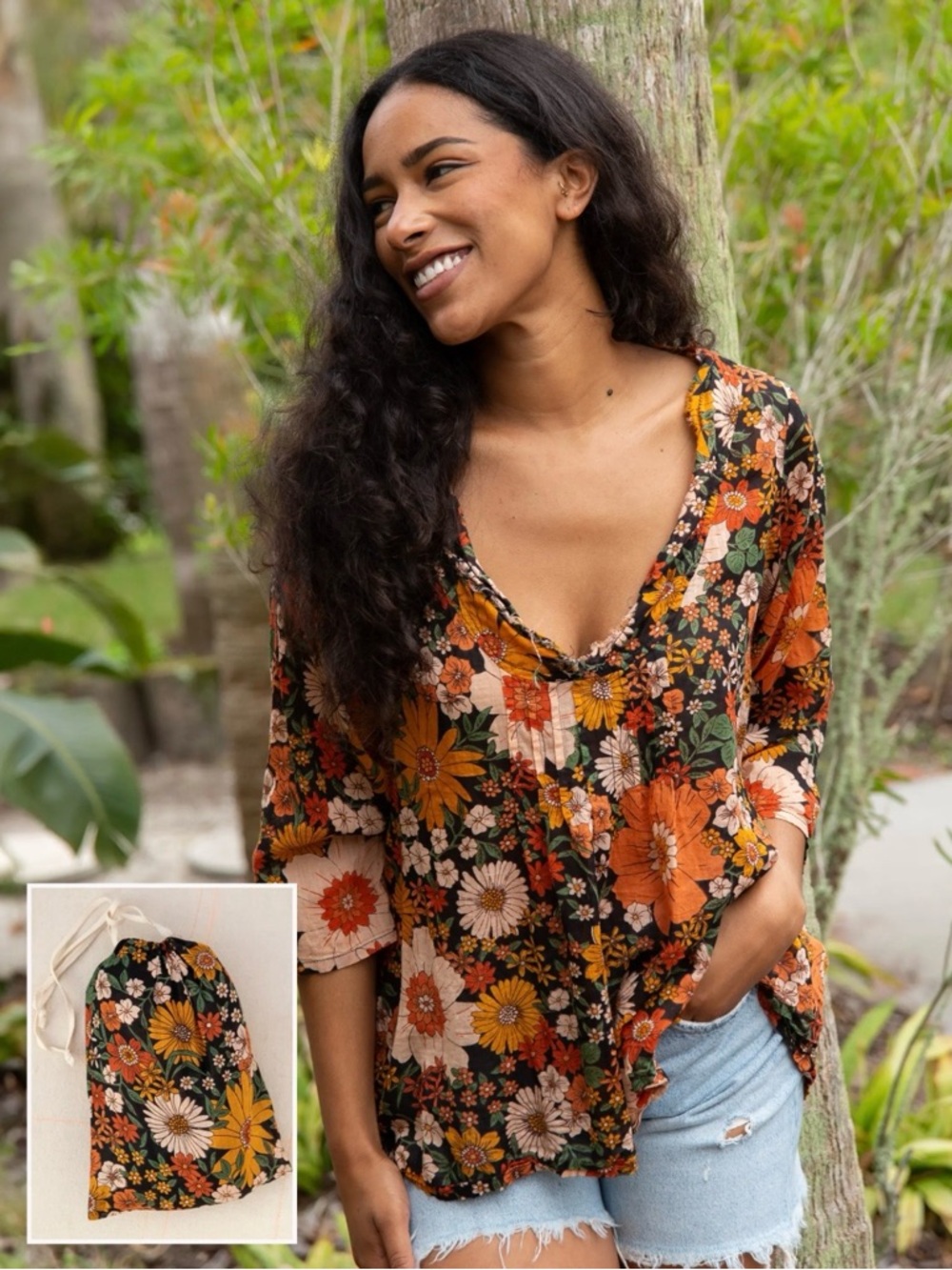 Natural Life cotton floral print tunic top L/XL boho v-neck